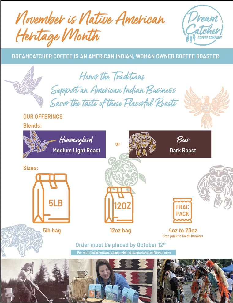 Native American Heritage Month flyer — Hummingbird and Bear blends, order by October 12th