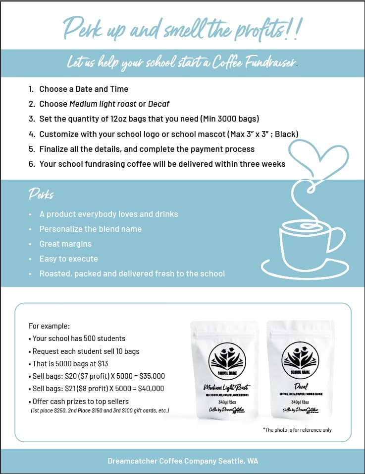 School coffee fundraiser flyer — choose a date, pick a roast, customize with your school logo, and raise thousands